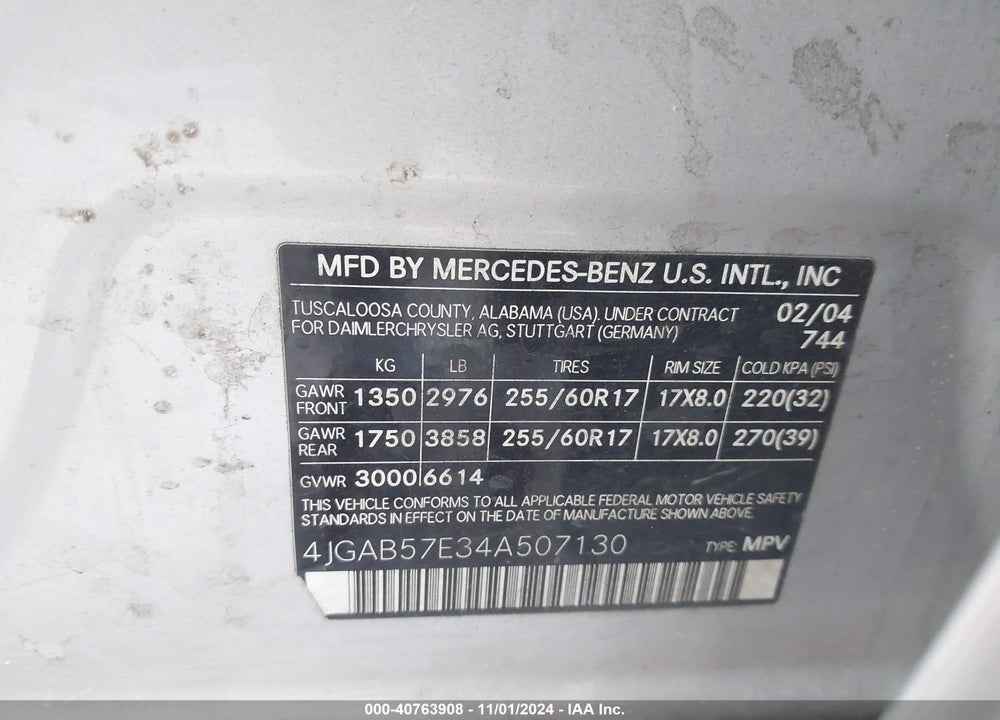 2004 MERCEDES-BENZ ML 350 4MATIC VIN: 4JGAB57E34A507130