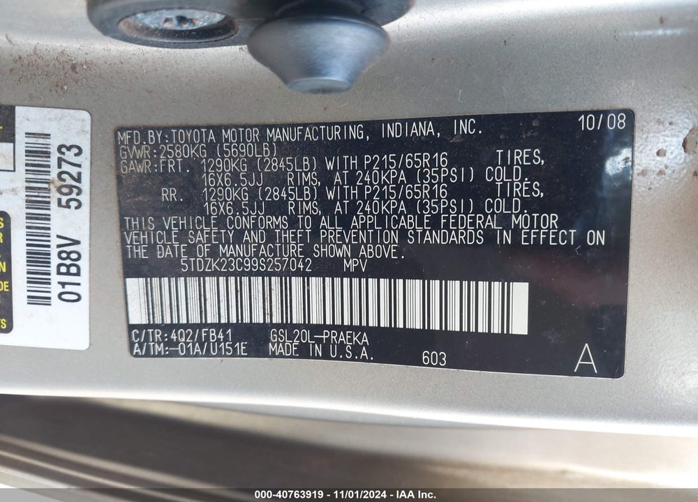 2009 TOYOTA SIENNA LE VIN: 5TDZK23C99S257042