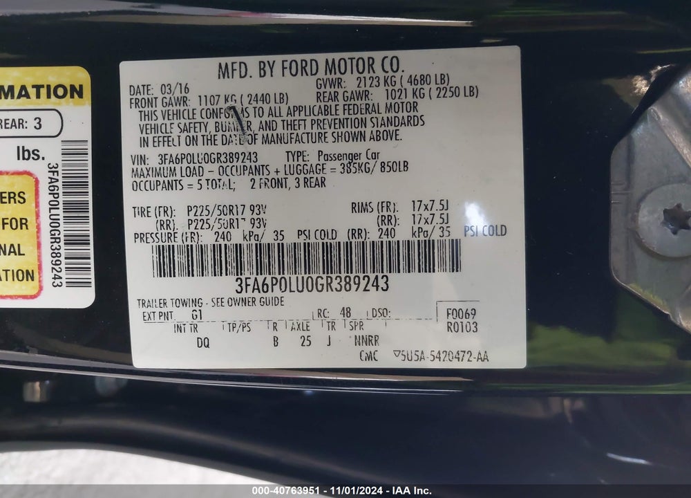 2016 FORD FUSION HYBRID SE VIN: 3FA6P0LU0GR389243