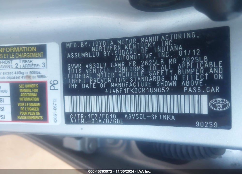 2012 TOYOTA CAMRY LE VIN: 4T4BF1FK0CR189852