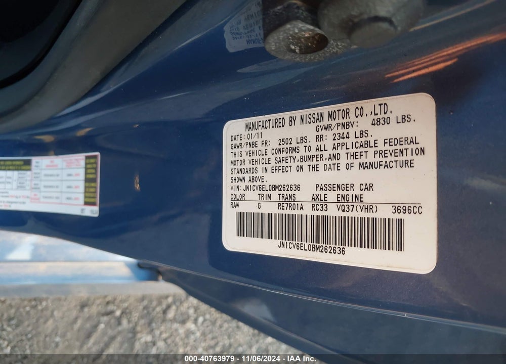 2011 INFINITI G37X VIN: JN1CV6EL0BM262636