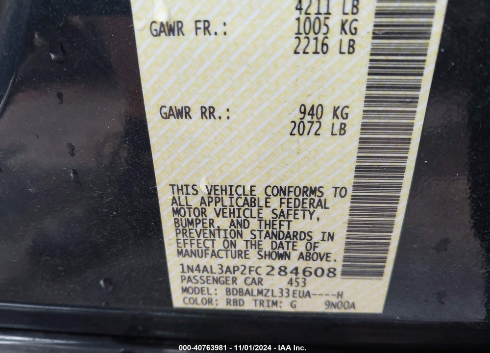 2015 NISSAN ALTIMA 2.5 SV VIN: 1N4AL3AP2FC284608