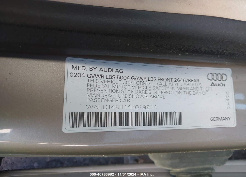 2004 AUDI A4 3.0 VIN: WAUDT48H14K019514