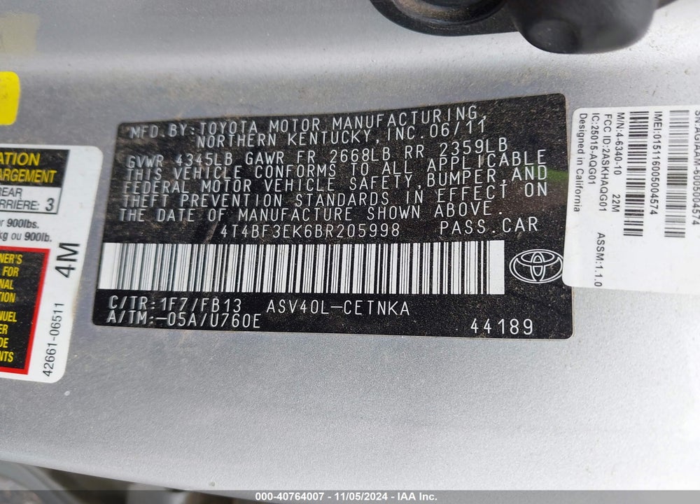 2011 TOYOTA CAMRY VIN: 4T4BF3EK6BR205998