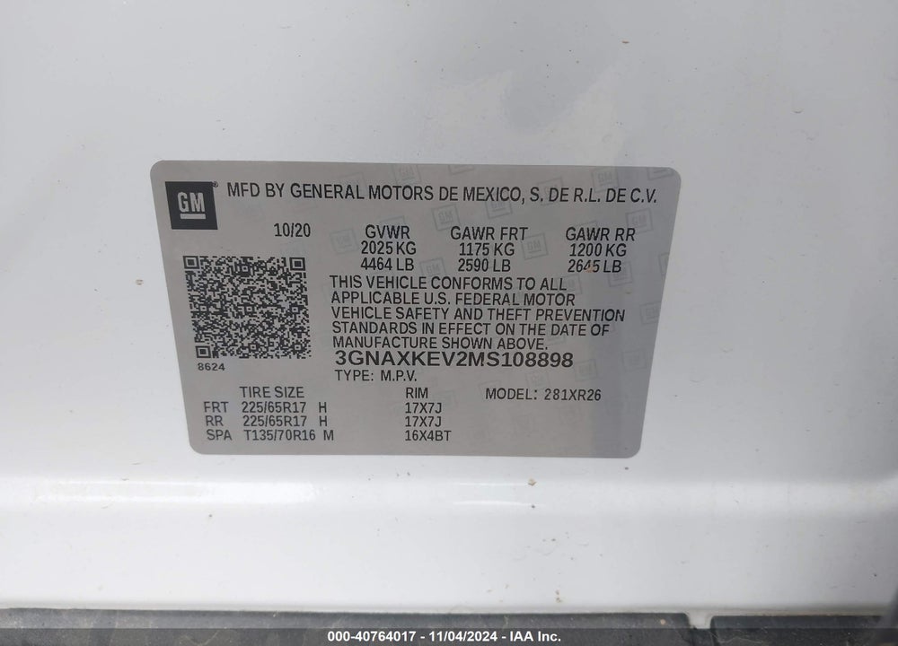 2021 CHEVROLET EQUINOX FWD LT VIN: 3GNAXKEV2MS108898