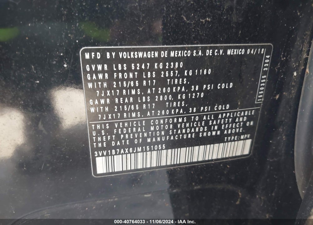 2018 VOLKSWAGEN TIGUAN 2.0T S VIN: 3VV1B7AX6JM151055