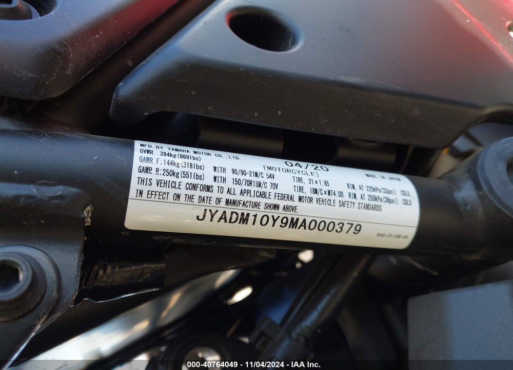 2021 YAMAHA XTZ690 VIN: JYADM10Y9MA000379