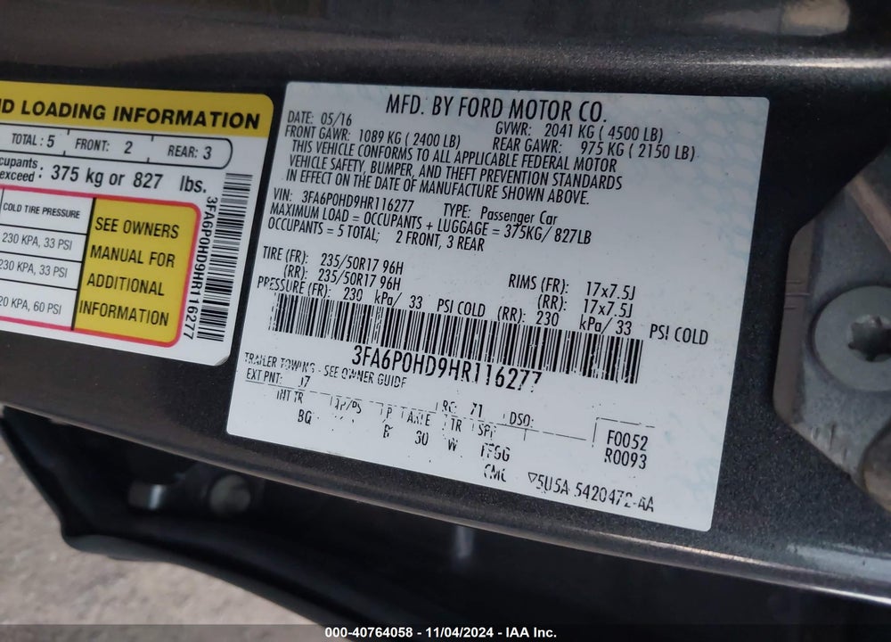 2017 FORD FUSION SE VIN: 3FA6P0HD9HR116277