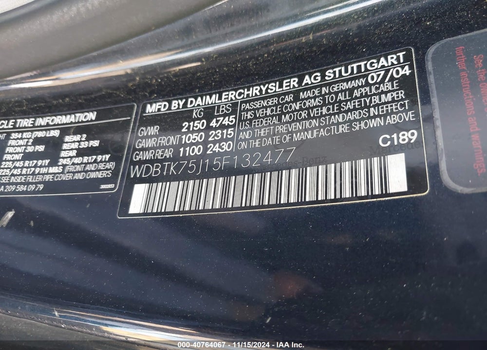 2005 MERCEDES-BENZ CLK 500 VIN: WDBTK75J15F132477