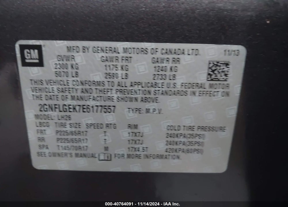 2014 CHEVROLET EQUINOX VIN: 2GNFLGEK7E6177557
