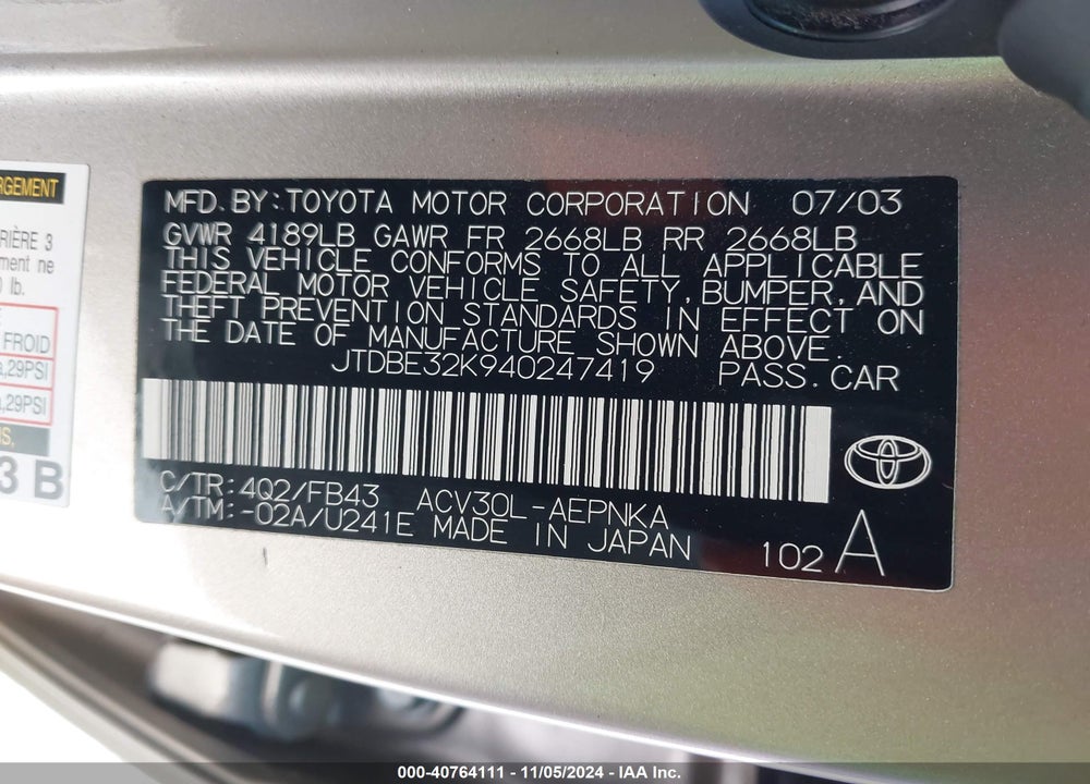 2004 TOYOTA CAMRY LE VIN: JTDBE32K940247419