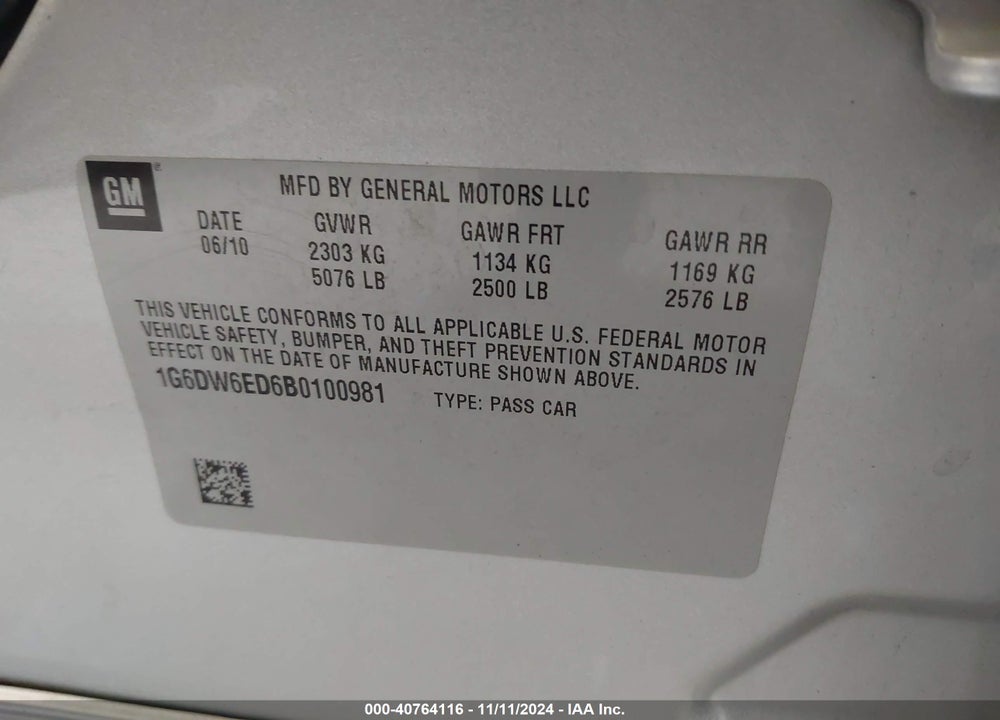 2011 CADILLAC STS LUXURY VIN: 1G6DW6ED6B0100981