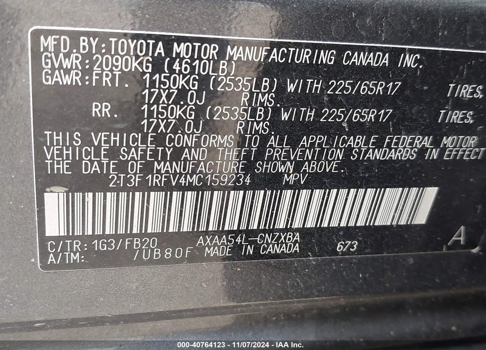 2021 TOYOTA RAV4 LE VIN: 2T3F1RFV4MC159234