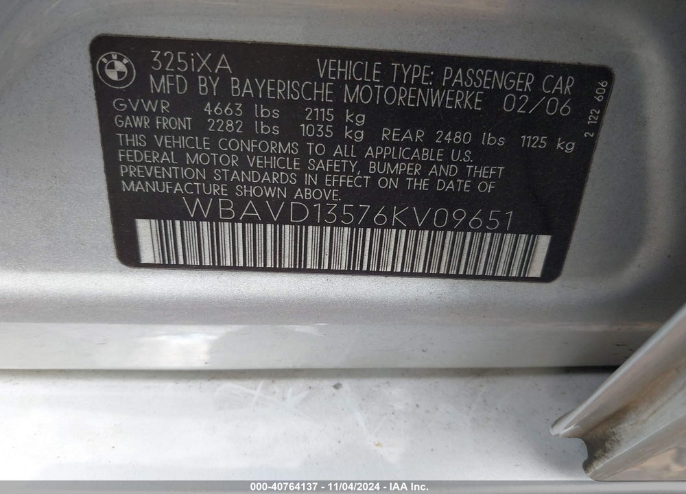 2006 BMW 325XI VIN: WBAVD13576KV09651