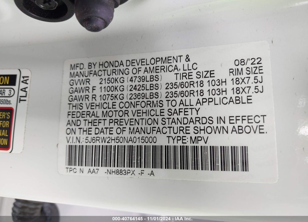 2022 HONDA CR-V AWD EX VIN: 5J6RW2H50NA015000