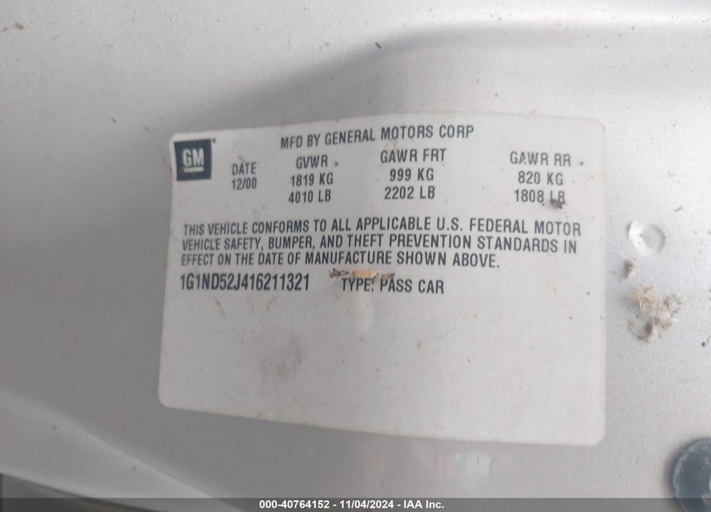 2001 CHEVROLET MALIBU VIN: 1G1ND52J416211321
