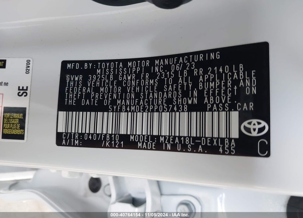 2023 TOYOTA COROLLA LE VIN: 5YFB4MDE2PP057438