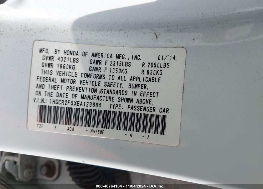 2014 HONDA ACCORD SPORT VIN: 1HGCR2F5XEA129884