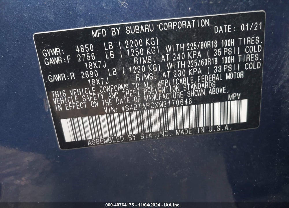 2021 SUBARU OUTBACK TOURING VIN: 4S4BTAPCXM3170646