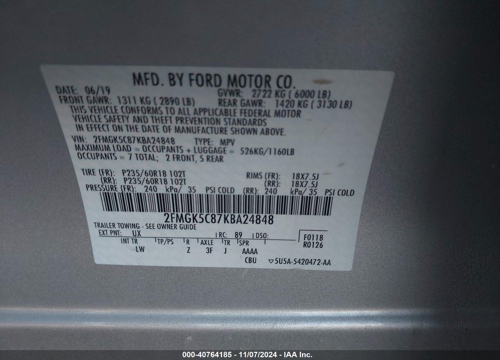 2019 FORD FLEX SEL VIN: 2FMGK5C87KBA24848