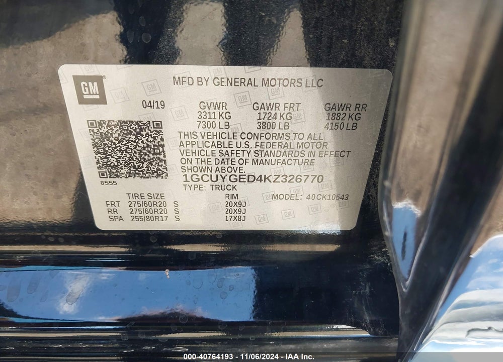 2019 CHEVROLET SILVERADO 1500 VIN: 1GCUYGED4KZ326770