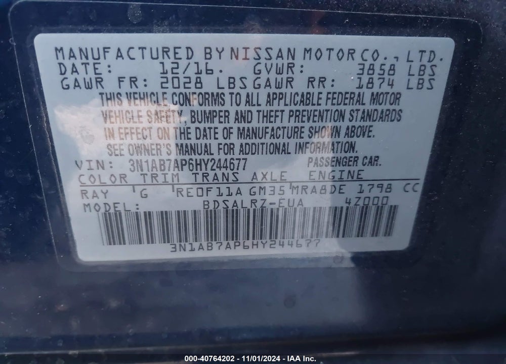 2017 NISSAN SENTRA SR VIN: 3N1AB7AP6HY244677