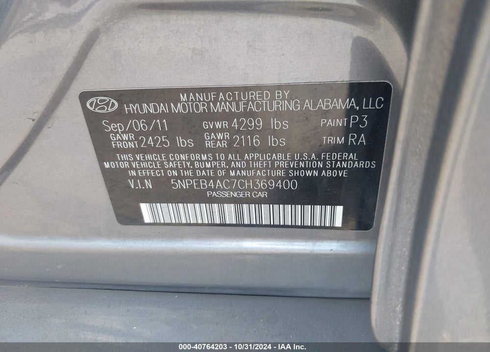 2012 HYUNDAI SONATA GLS VIN: 5NPEB4AC7CH369400