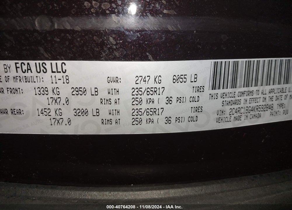 2019 CHRYSLER PACIFICA TOURING L VIN: 2C4RC1BG4KR592848