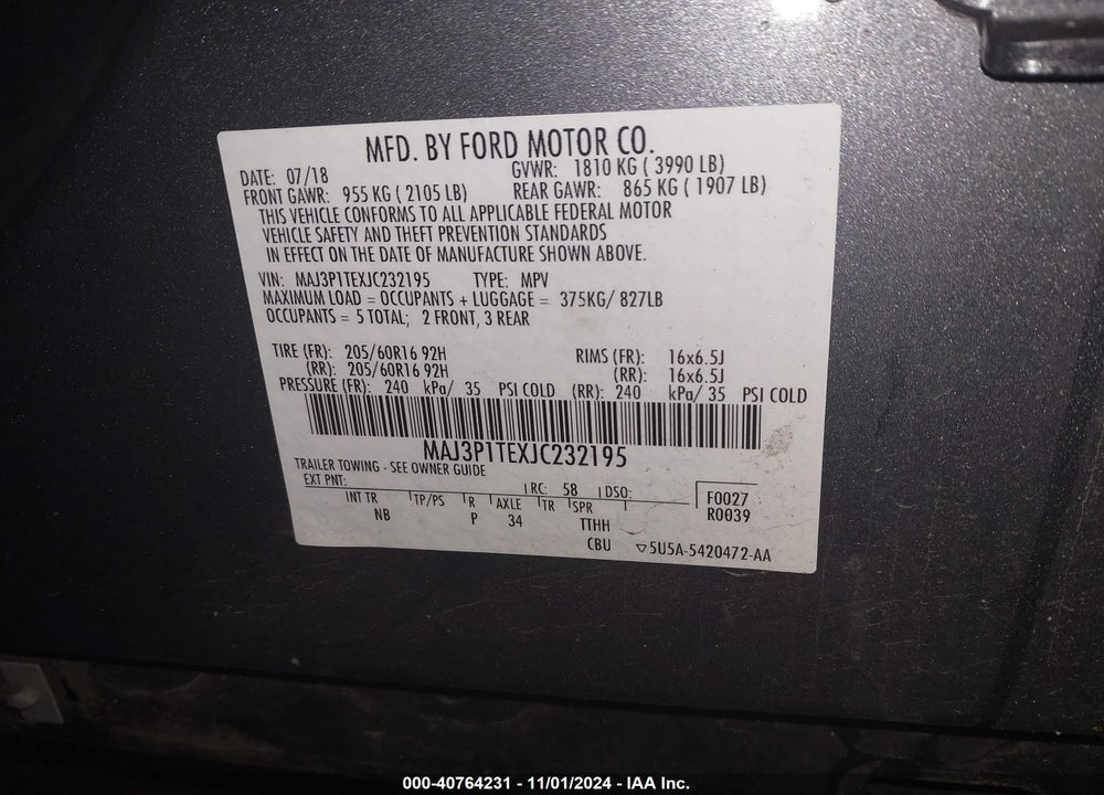 2018 FORD ECOSPORT SE VIN: MAJ3P1TEXJC232195