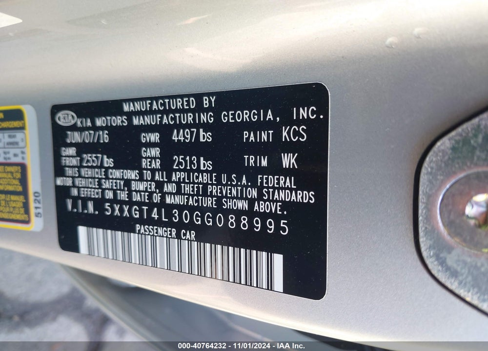 2016 KIA OPTIMA LX VIN: 5XXGT4L30GG088995