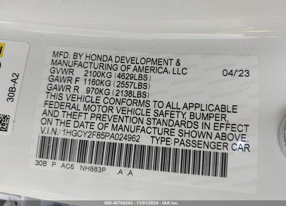 2023 HONDA ACCORD VIN: 1HGCY2F85PA024962