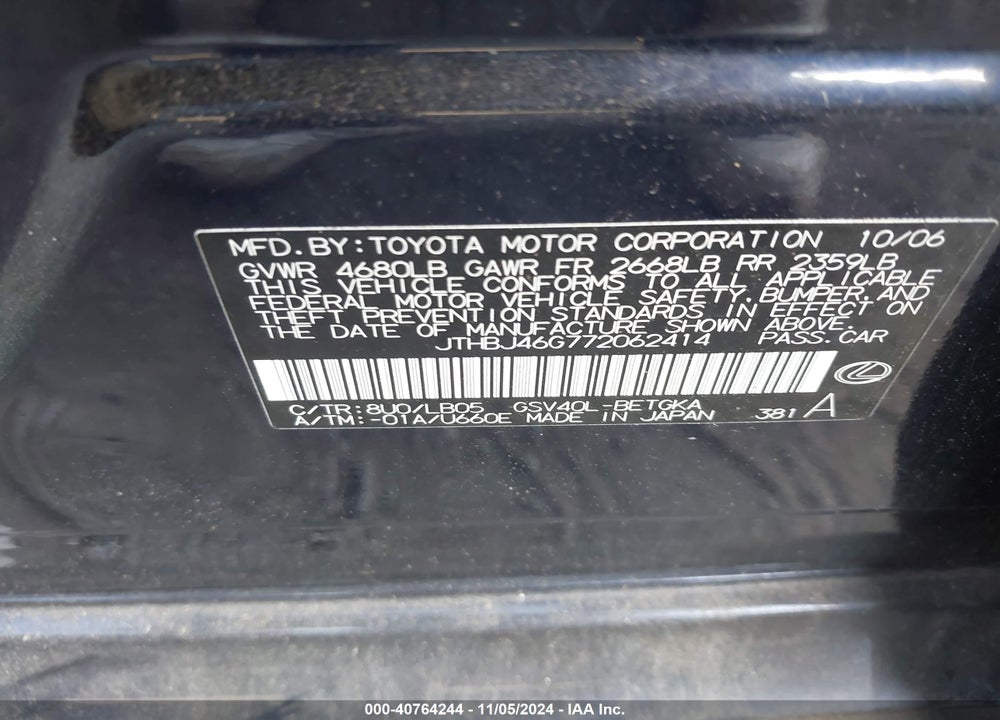 2007 LEXUS ES 350 VIN: JTHBJ46G772062414