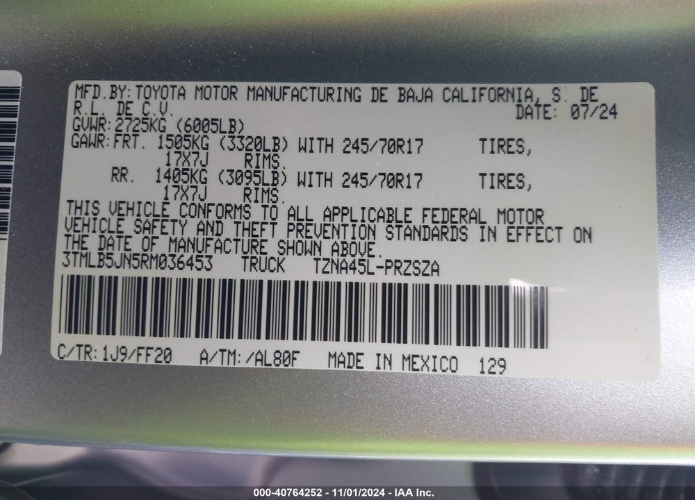 2024 TOYOTA TACOMA SR5 VIN: 3TMLB5JN5RM036453