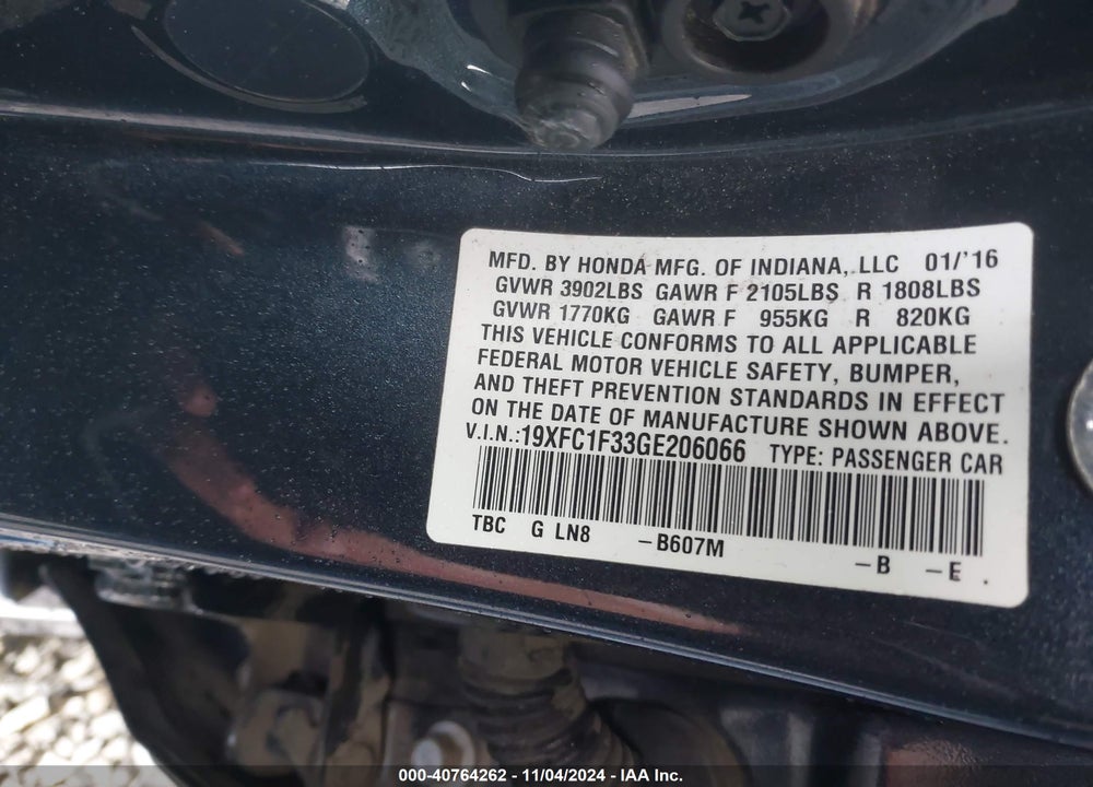 2016 HONDA CIVIC EX-T VIN: 19XFC1F33GE206066