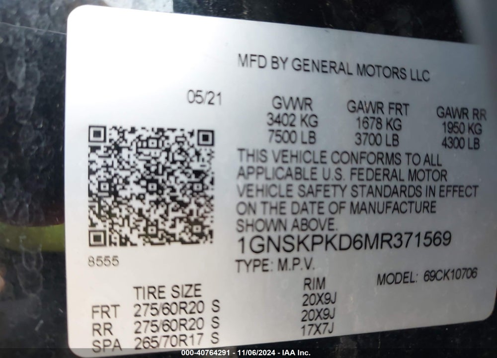2021 CHEVROLET TAHOE 4WD Z71 VIN: 1GNSKPKD6MR371569