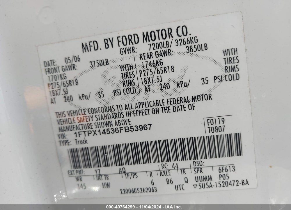 2006 FORD F-150 FX4/LARIAT/XL/XLT VIN: 1FTPX14536FB53967