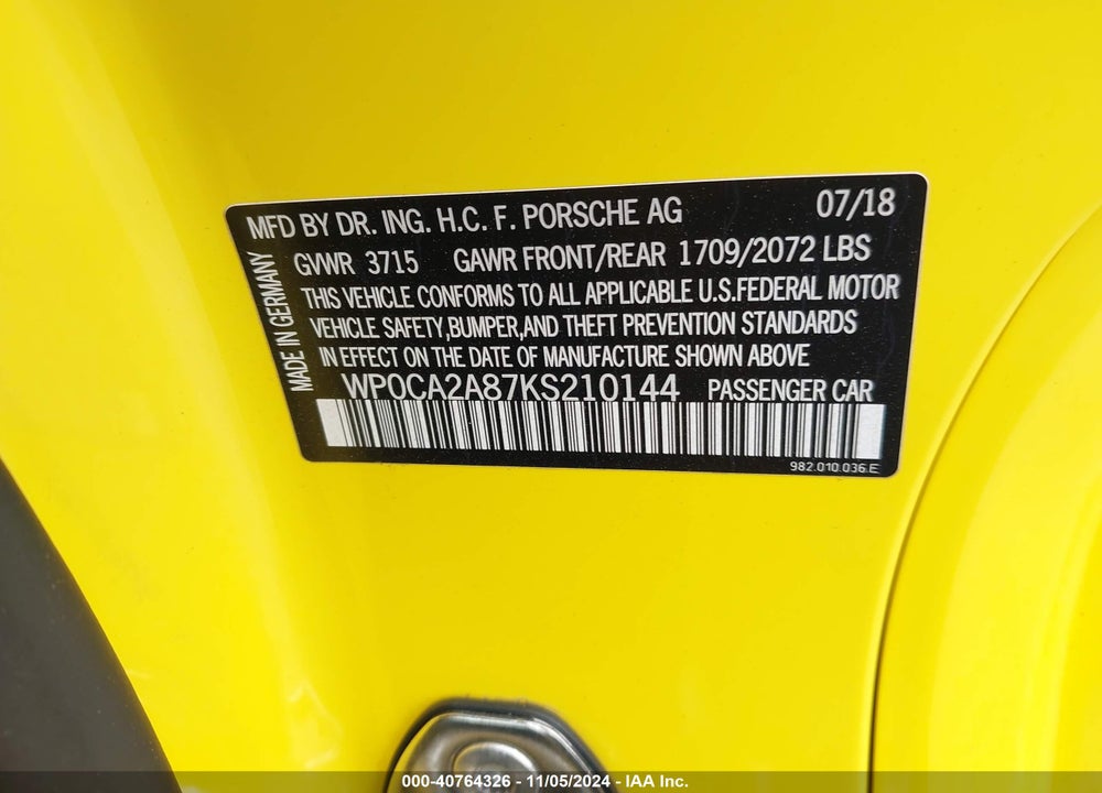 2019 PORSCHE 718 BOXSTER VIN: WP0CA2A87KS210144
