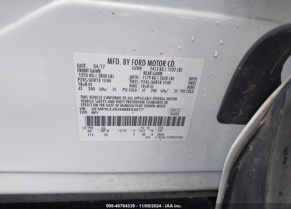 2017 FORD EDGE SEL VIN: 2FMPK3J93HBB93077