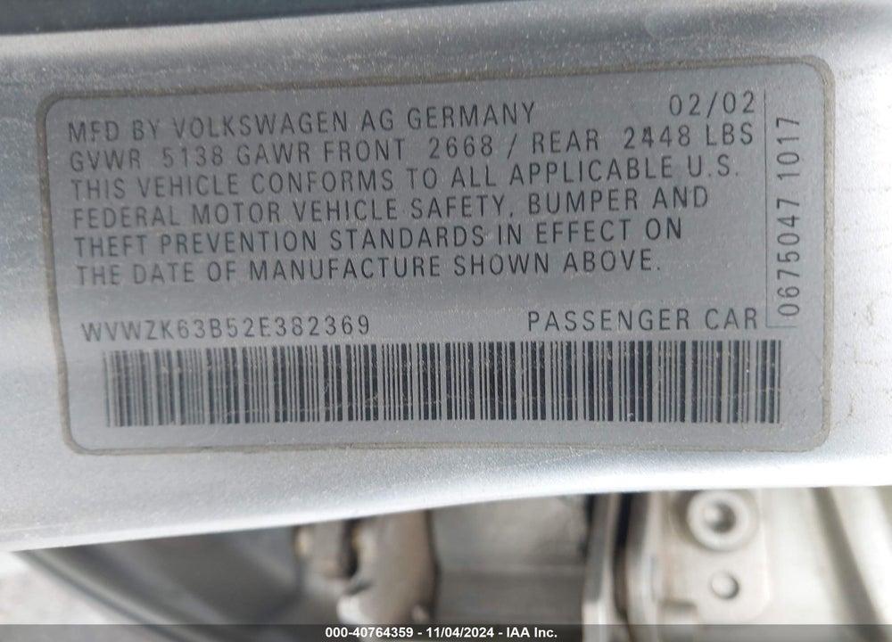 2002 VOLKSWAGEN PASSAT W8 VIN: WVWZK63B52E382369