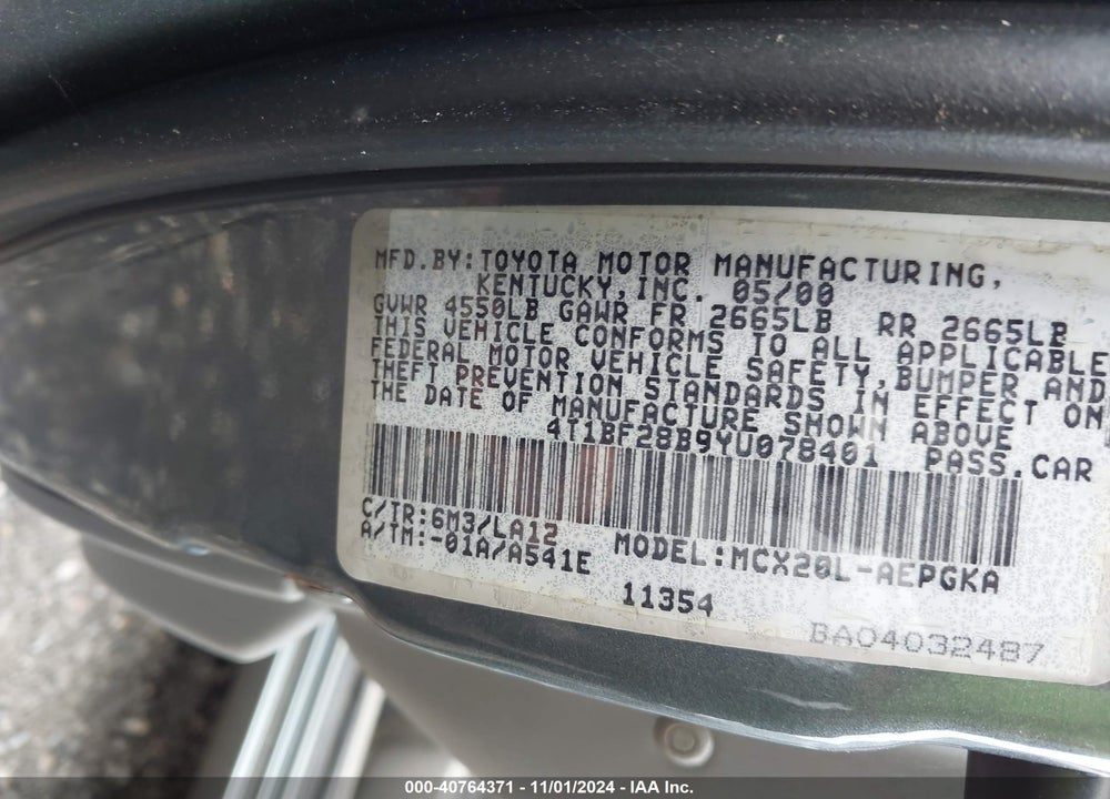 2000 TOYOTA AVALON XLS VIN: 4T1BF28B9YU078401