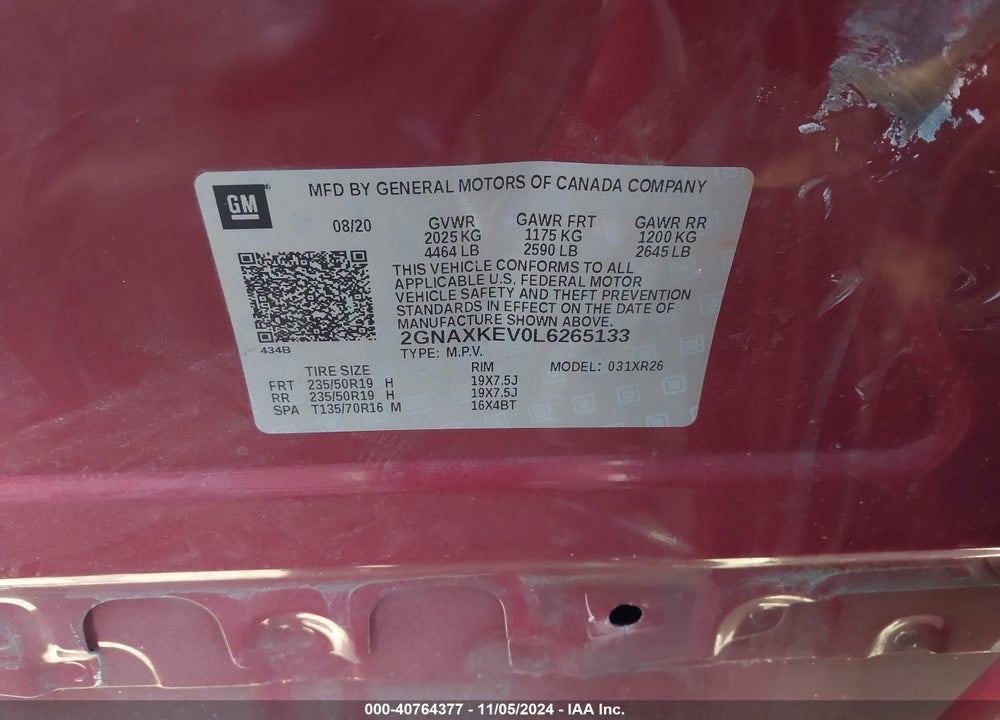 2020 CHEVROLET EQUINOX FWD LT 1.5L TURBO VIN: 2GNAXKEV0L6265133