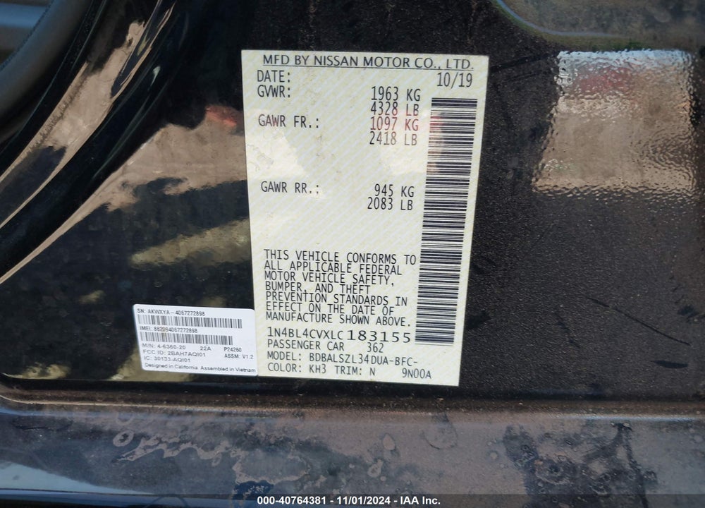 2020 NISSAN ALTIMA SR FWD VIN: 1N4BL4CVXLC183155