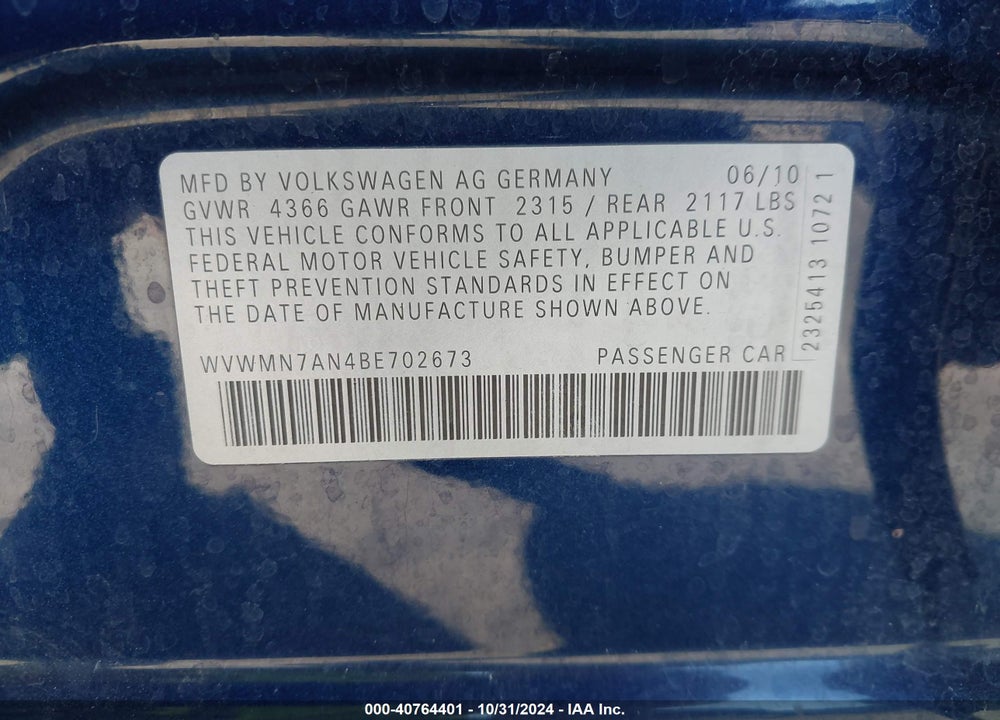 2011 VOLKSWAGEN CC SPORT VIN: WVWMN7AN4BE702673