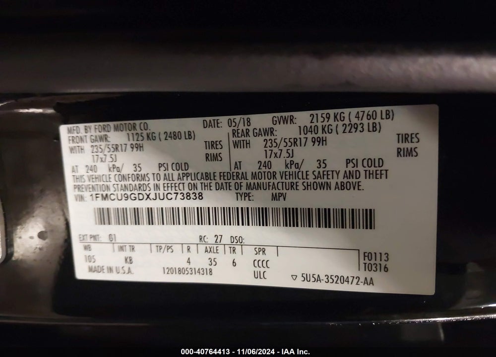 2018 FORD ESCAPE SE VIN: 1FMCU9GDXJUC73838