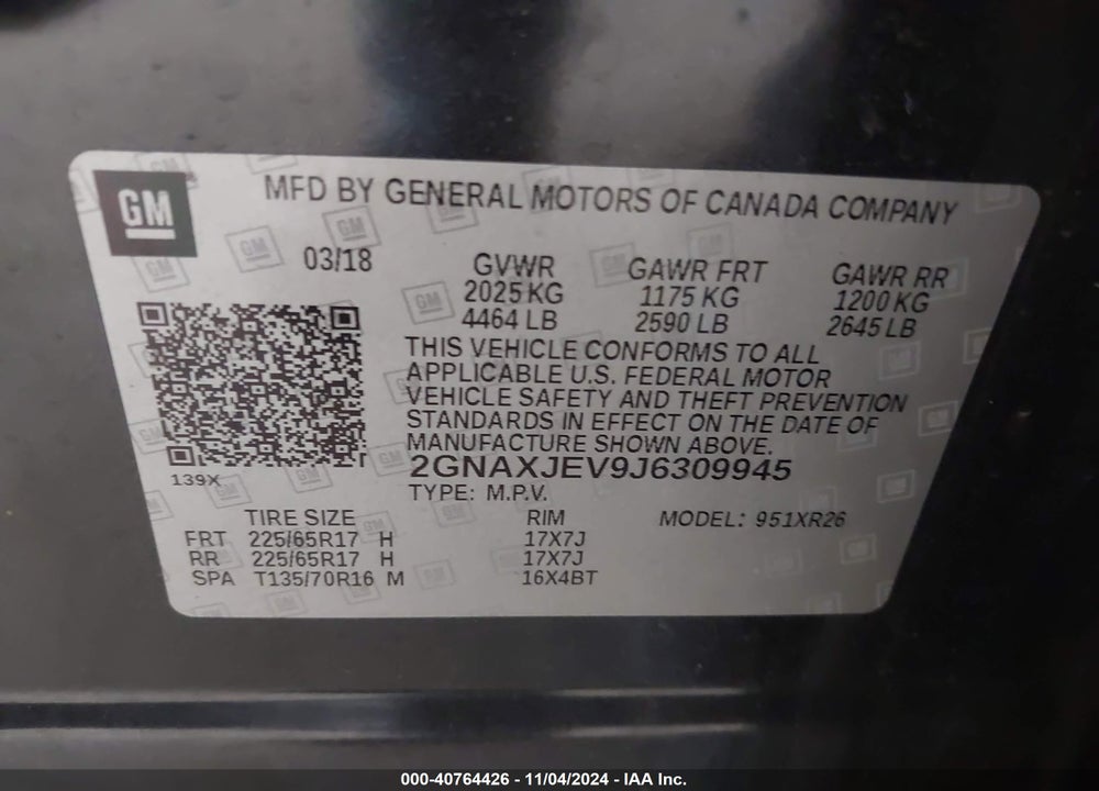 2018 CHEVROLET EQUINOX LT VIN: 2GNAXJEV9J6309945