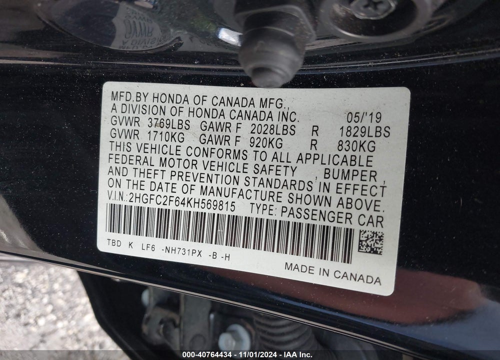 2019 HONDA CIVIC LX VIN: 2HGFC2F64KH569815