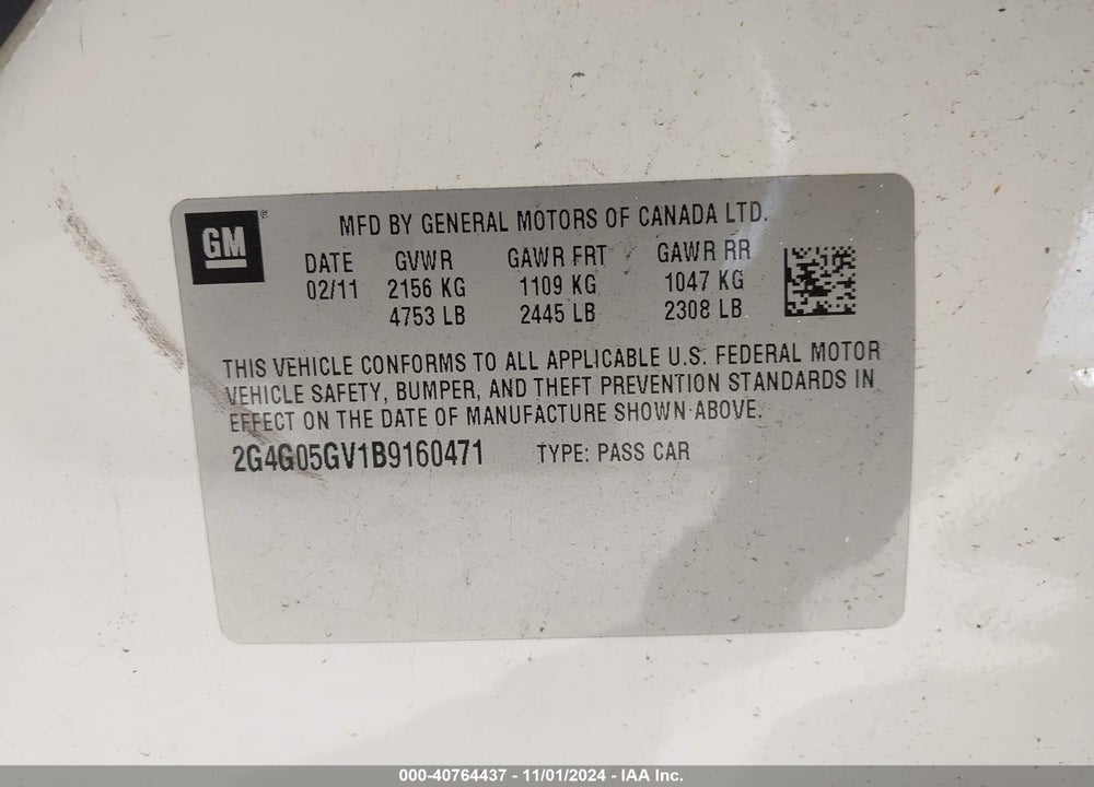 2011 REGAL BUICK  CXL TURBO OSHAWA VIN: 2G4G05GV1B9160471