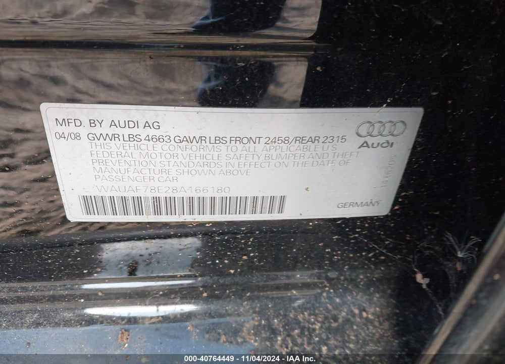 2008 AUDI A4 2.0T/2.0T SPECIAL EDITION VIN: WAUAF78E28A166180
