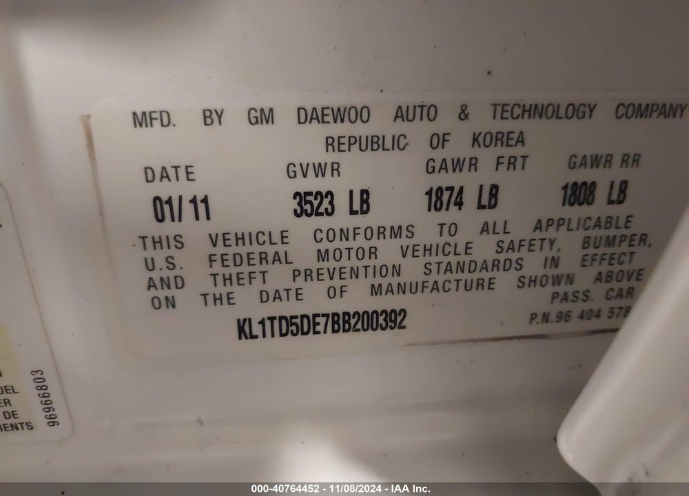 2011 CHEVROLET AVEO VIN: KL1TD5DE7BB200392