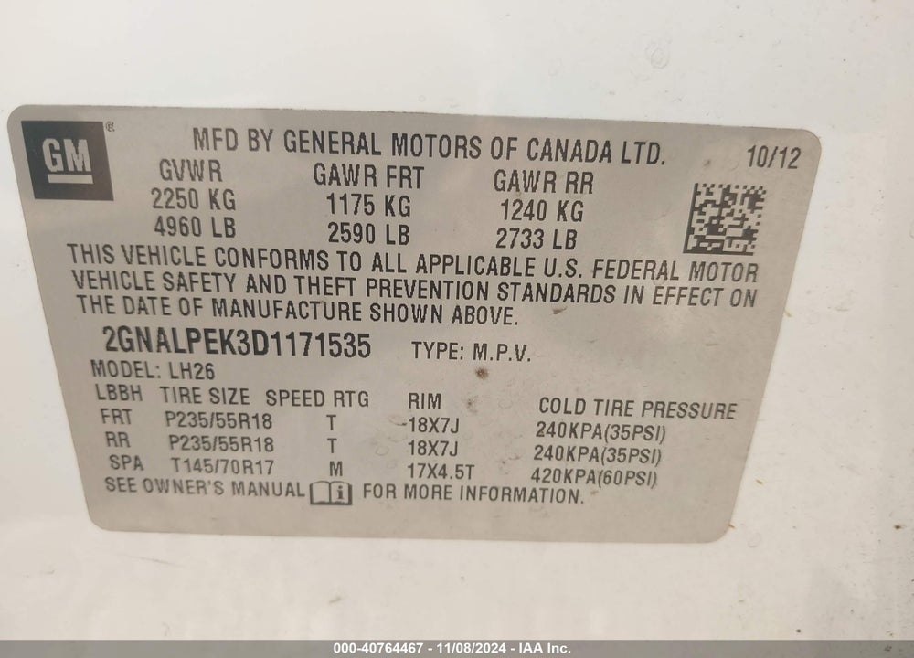 2013 CHEVROLET EQUINOX 2LT VIN: 2GNALPEK3D1171535